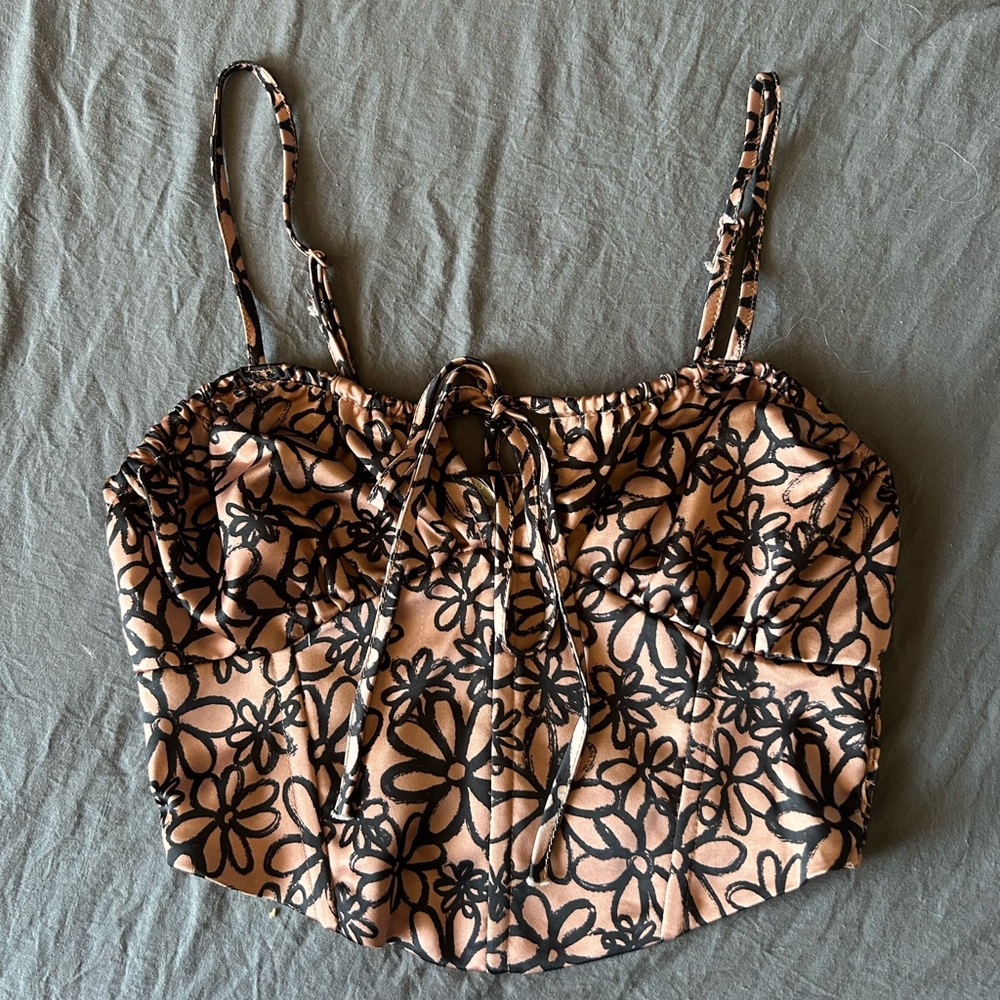PacSun Floral Crop Top - Black and Tan Corset like top